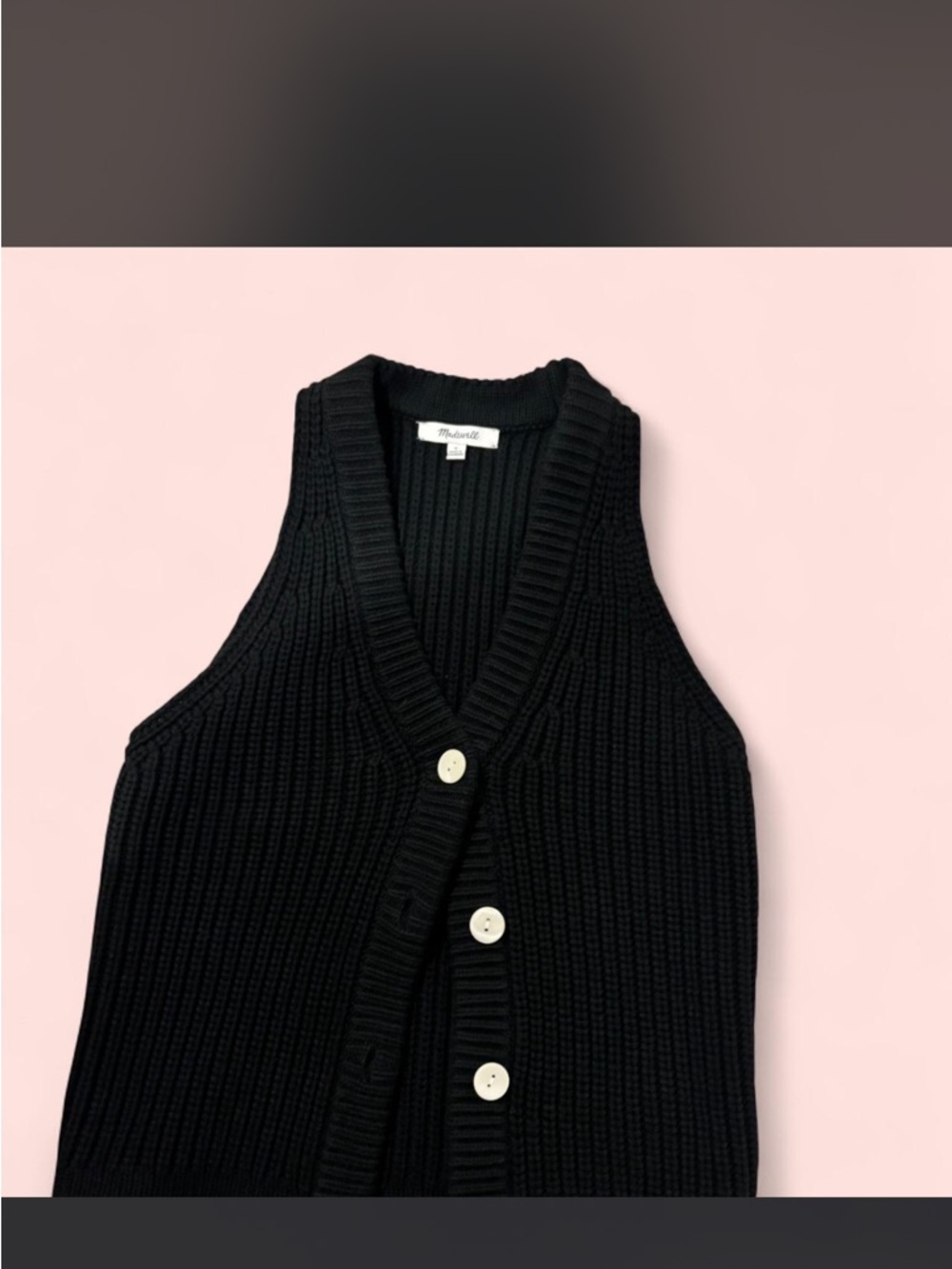 Madewell Black Ribbed Button-Front Sweater Vest with Cream Buttons
